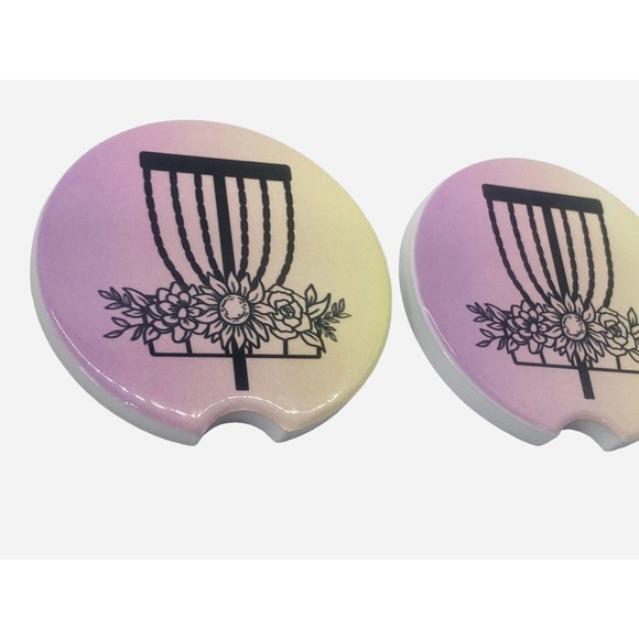 2 Pack DISC GOLF BASKET Car Drink Coasters Pink Yellow Ceramic Car Cup Holders - Picture 3 of 6
